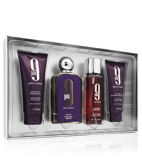 9pm Pour Femme darilni set 100 ml + gel za prhanje 100 ml + mleko za telo 100 ml + pršilo za telo parfumska voda za ženske