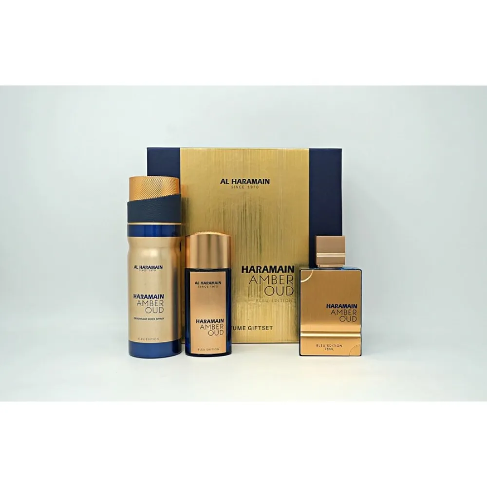 Amber Oud Bleu Edition darilni set unisex parfumska voda 75 ml + parfumska voda 30 ml + deo sprej 200 ml