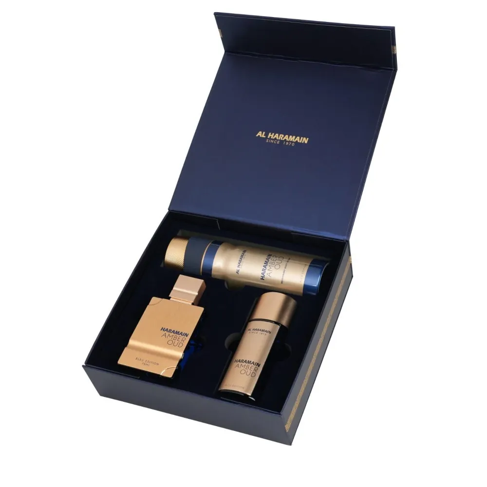 Amber Oud Bleu Edition darilni set unisex parfumska voda 75 ml + parfumska voda 30 ml + deo sprej 200 ml