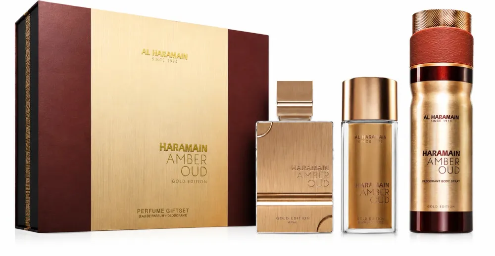 Amber Oud Gold Edition darilni set 75 ml + parfumska voda 30 ml + telesna meglica parfumska voda uniseks 75 ml parfemovana voda 30 ml telova mlha parfemovana voda 200 ml unisex