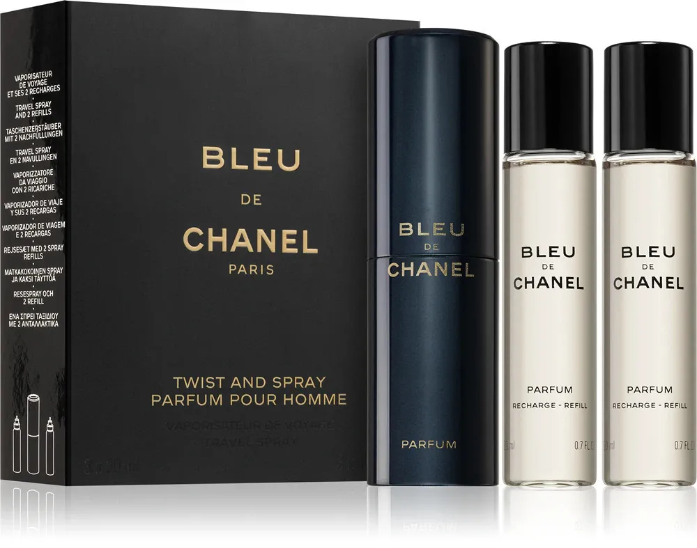 Bleu de Chanel žepni sprej, ponovno polnljiv, 20 ml + 2 x polnilo parfuma za moške