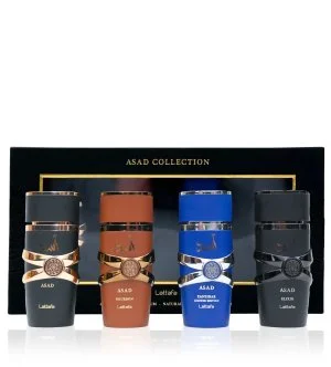 Lattafa Asad Collection darilni komplet Asad 25 ml + parfumska voda Asad Bourbon 25 ml + parfumska voda Asad Zanzibar 25 ml + parfumska voda Asad Elixir za moške