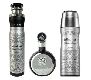 Lattafa Fakhar Man darilni set - parfumirana voda 100 ml + parfumirano pršilo 200 ml + osvežilec prostora