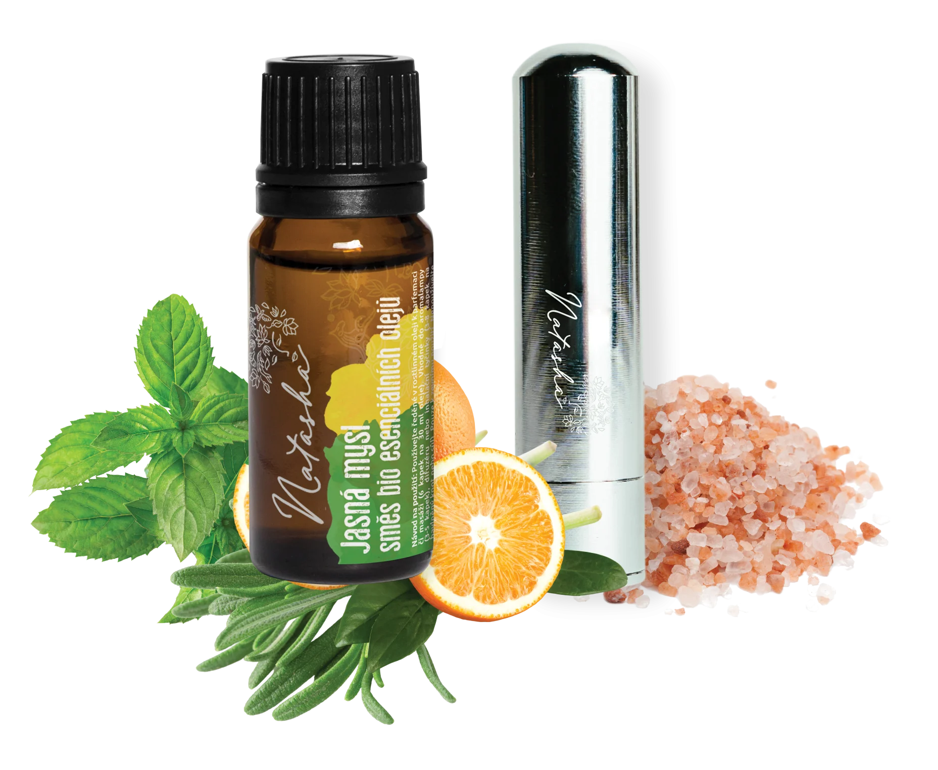 Natasha Aroma set z inhalatorjem - Jasna misel - sveža pomaranča, poprova meta in rožmarin