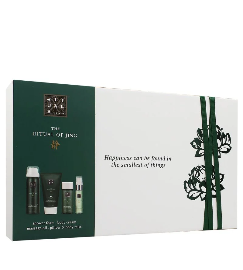 The Ritual of Jing darilni set gel za prhanje 50 ml + krema za telo 70 ml + masažno olje 50 ml + meglica za telo in vzglavnik