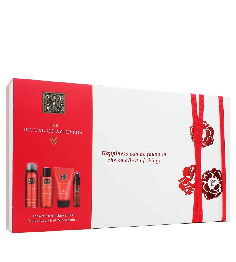 The Ritual of Ayurveda darilni set gel za prhanje 50 ml + olje za prhanje 75 ml + krema za telo 70 ml + meglica za telo