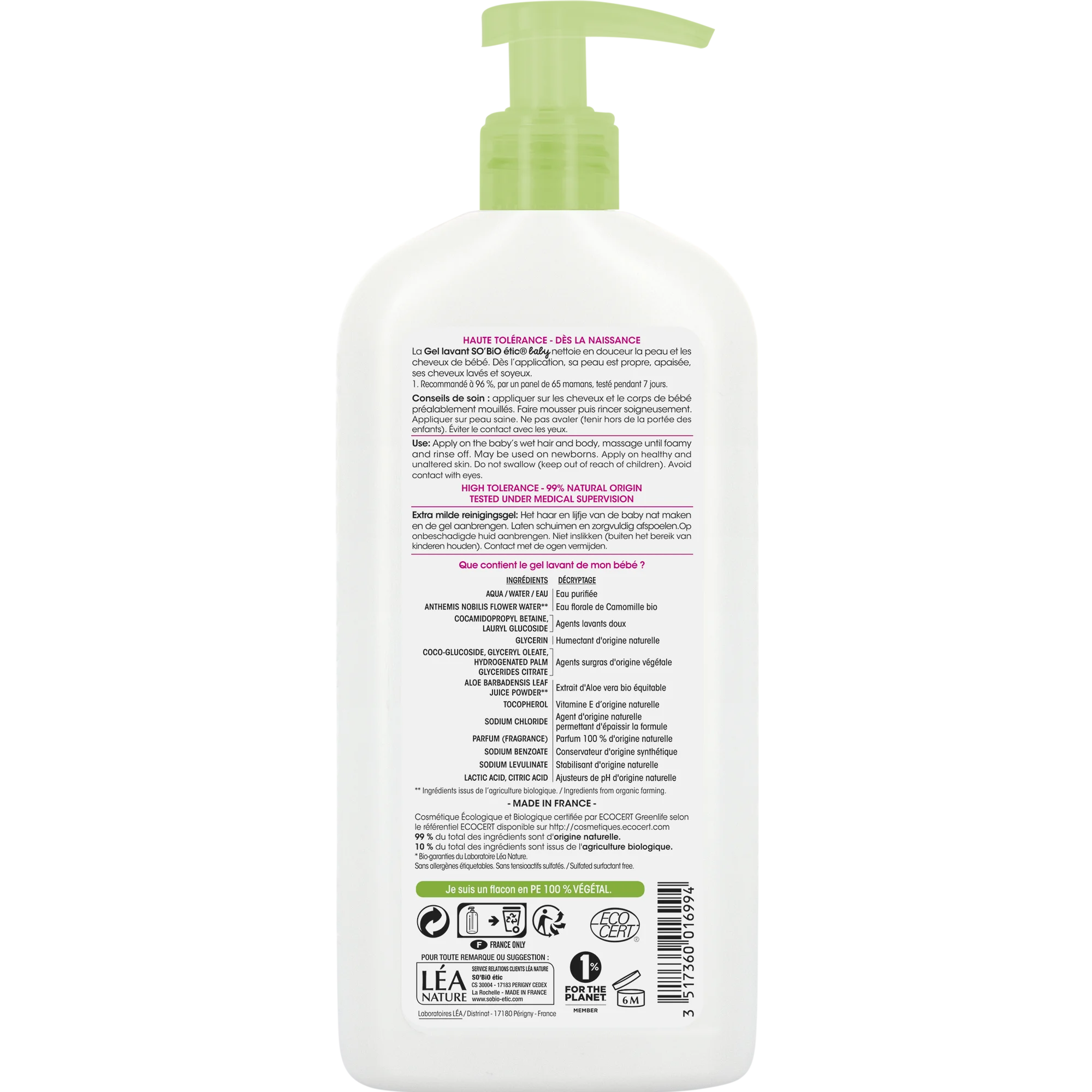 SO’BiO étic BABY Gel za umivanje otrok - izjemno nežen za telo in lase BIO (500 ml) - ne peče v očeh