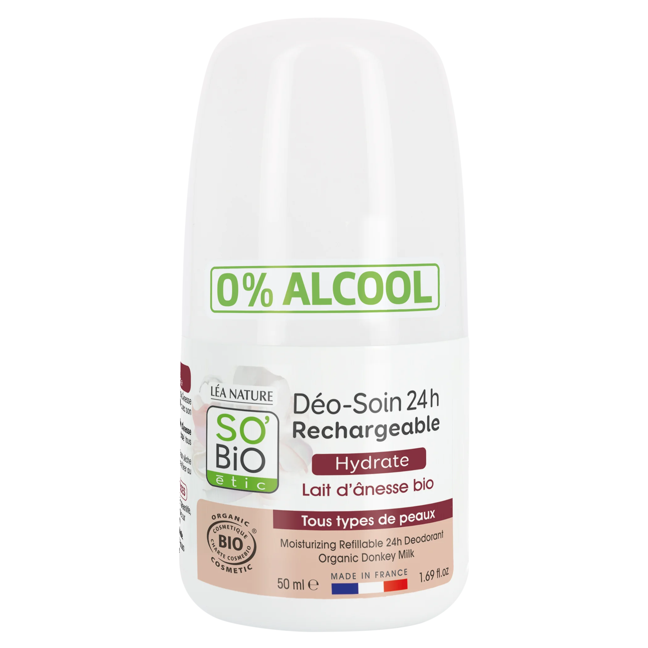 SO’BiO étic Roll-on dezodorant 24-urni vlažilni z oslovskim mlekom - ponovno polnljiv BIO (50 ml) - tudi za občutljivo kožo