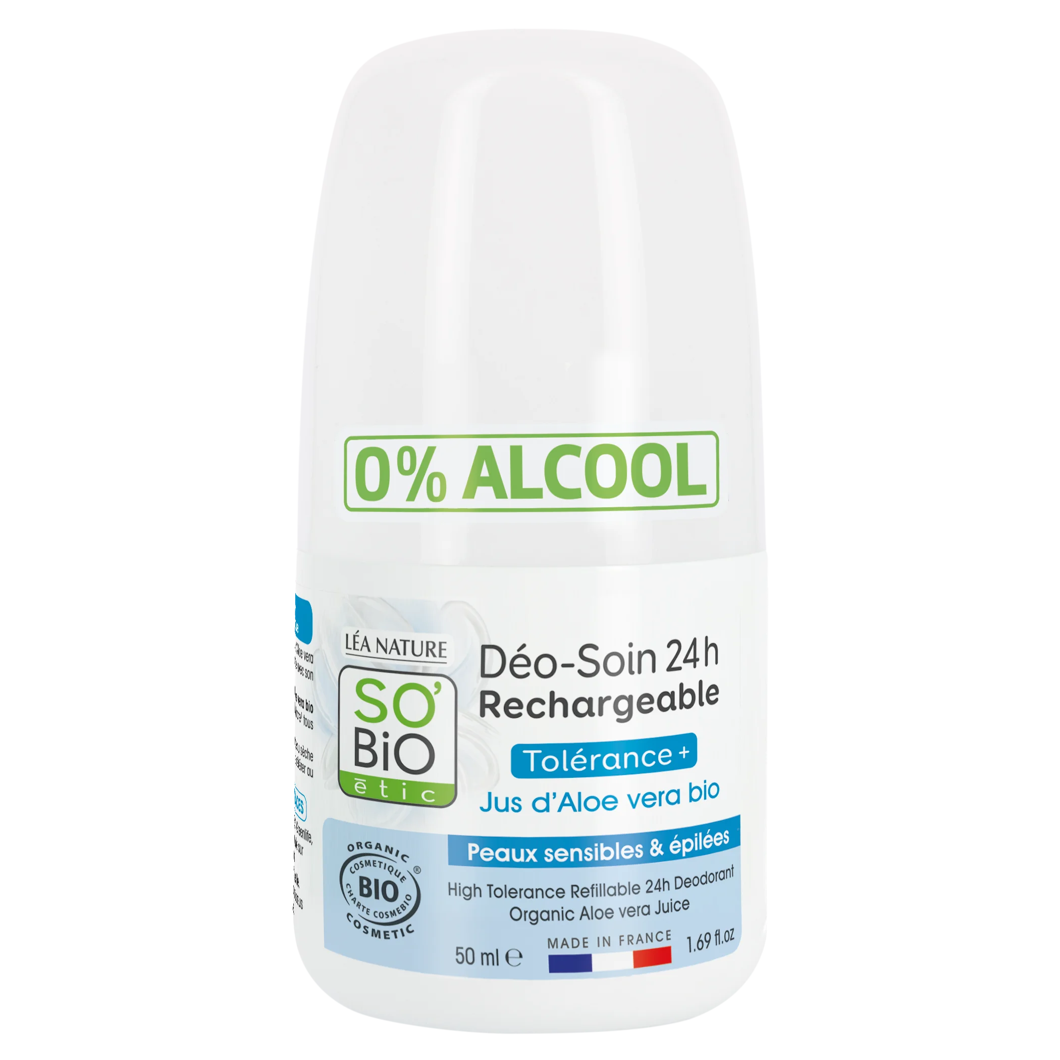 SO’BiO étic Dezodorant roll-on 24 h - Tolerance+ z Aloe vero BIO (50 ml) - učinkovit do 24 ur