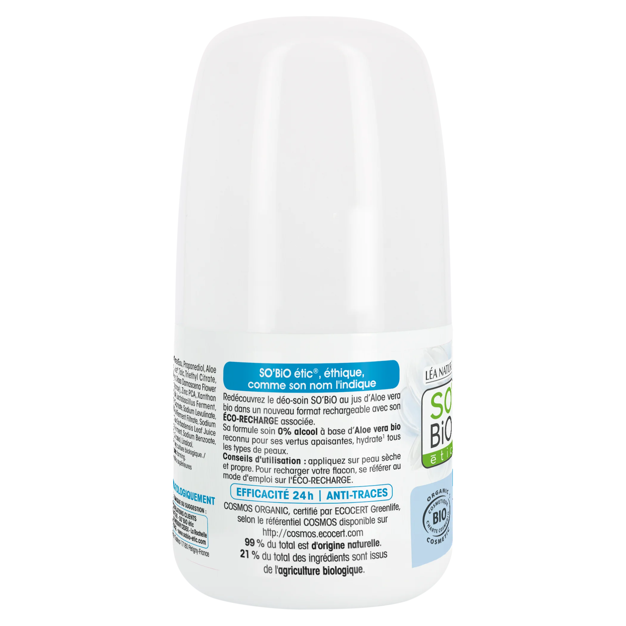 SO’BiO étic Dezodorant roll-on 24 h - Tolerance+ z Aloe vero BIO (50 ml) - učinkovit do 24 ur