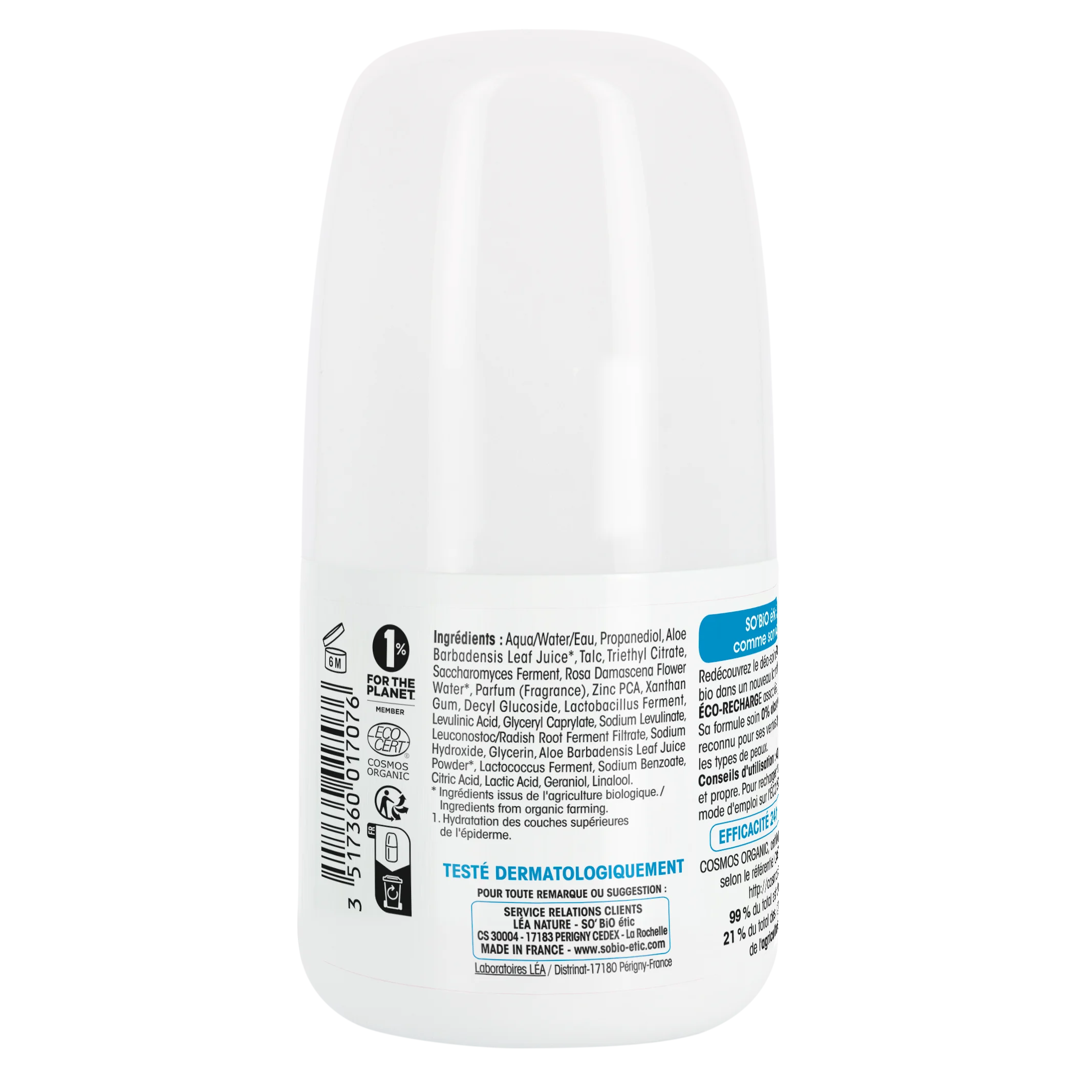 SO’BiO étic Dezodorant roll-on 24 h - Tolerance+ z Aloe vero BIO (50 ml) - učinkovit do 24 ur