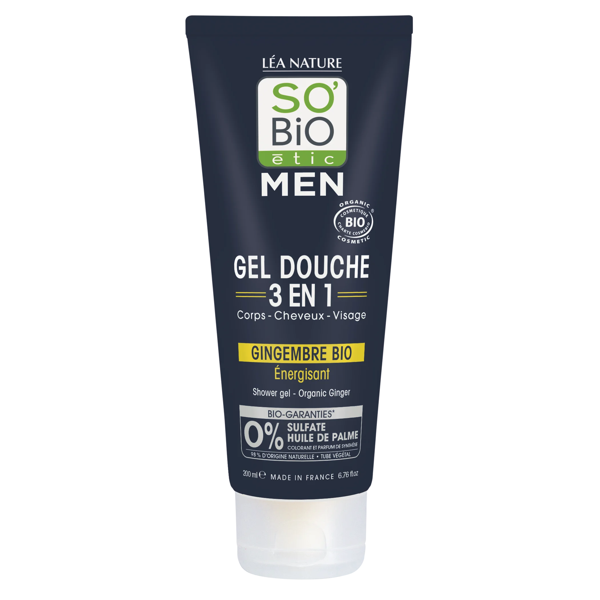 SO’BiO étic MEN 3v1 gel za prhanje – poživljajoč BIO ingver (200 ml) – za telo, obraz in lase