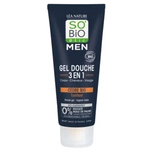 SO’BiO étic Gel za prhanje MEN 3 v 1 – poživljajoča bio cedra (200 ml) – za telo, obraz in lase