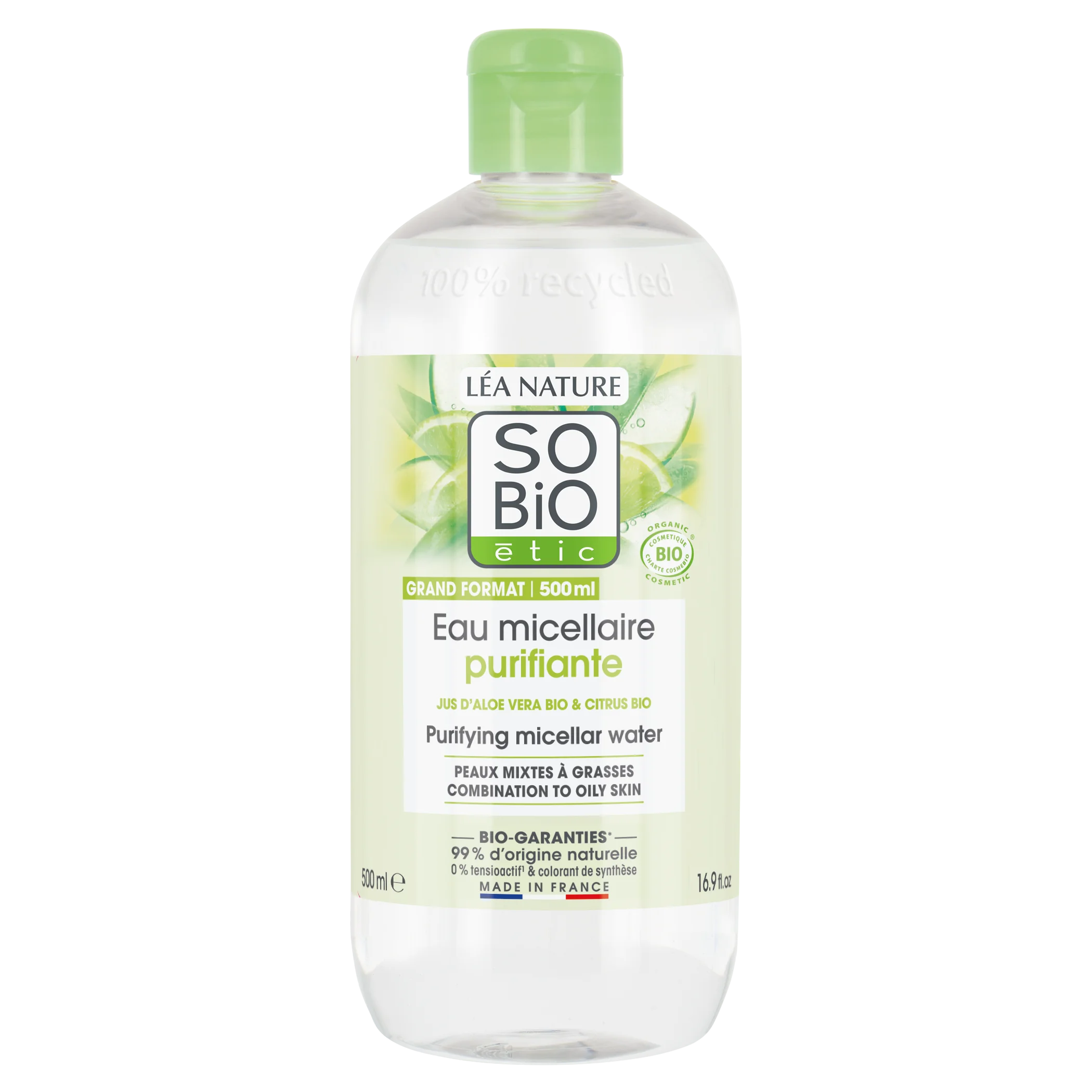 SO’BiO étic Čistilna micelarna voda Aloe Vera – cink in citrusi BIO (500 ml) – idealna za mešano do mastno kožo