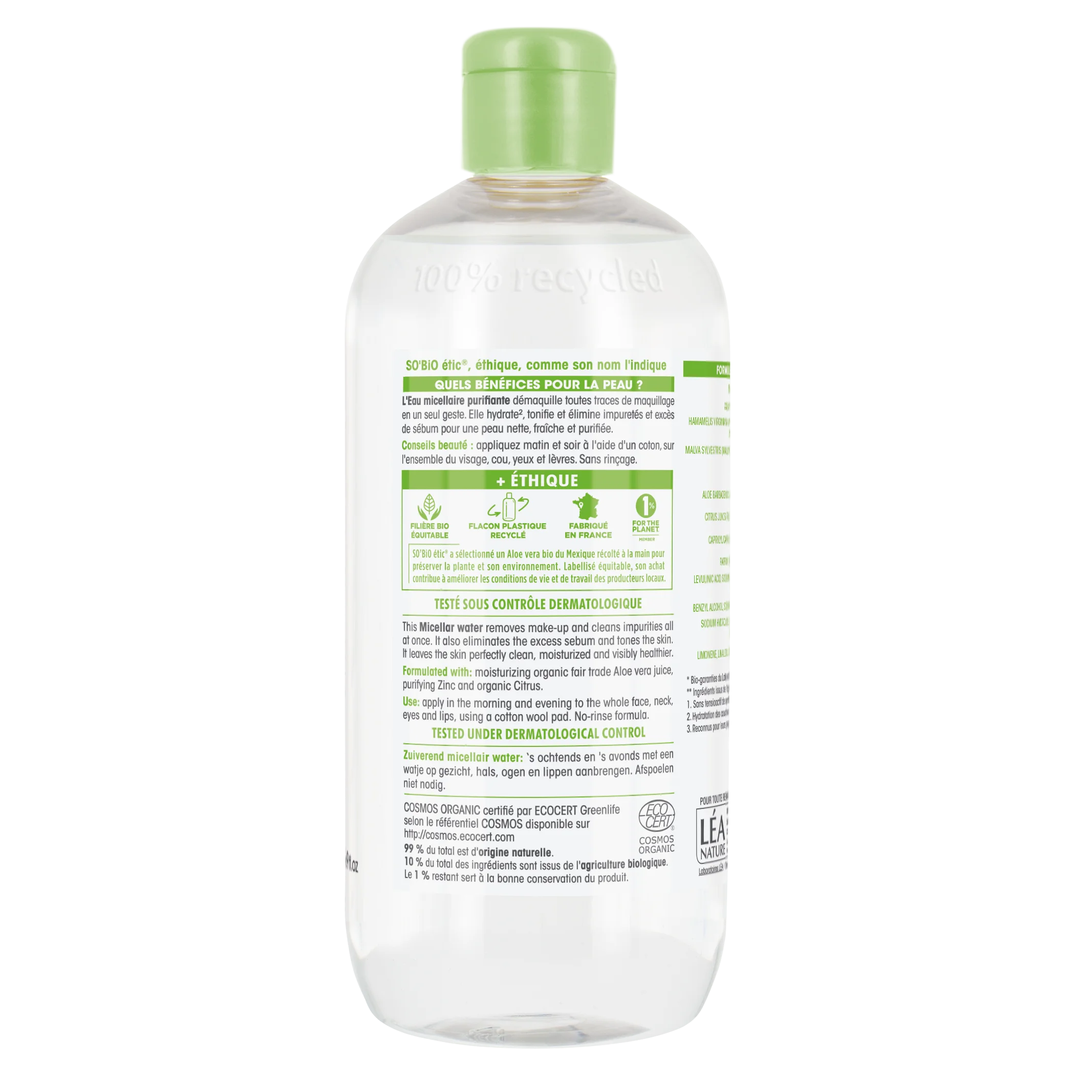 SO’BiO étic Čistilna micelarna voda Aloe Vera – cink in citrusi BIO (500 ml) – idealna za mešano do mastno kožo