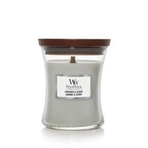 WoodWick Lavender & Cedar dišeča sveča z lesenim stenjem 275 g
