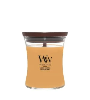 WoodWick Golden Bourbon dišeča sveča z lesenim stenjem 275 g