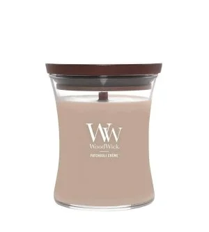 WoodWick Patchouli Créme dišeča sveča z lesenim stenjem 275 g