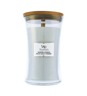 WoodWick Sagewood & Seagrass dišeča sveča z lesenim stenjem 609 g