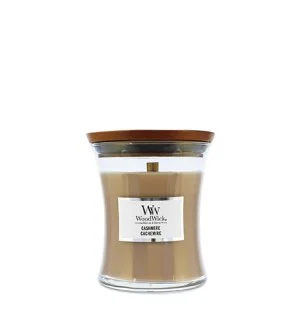 WoodWick Majhen kozarec/Cashmere dišeča sveča z lesenim stenjem 85 g
