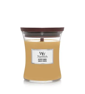Woodwick Gilded Sands dišeča sveča z lesenim stenjem 275 g