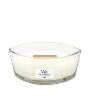 WoodWick Linen dišeča sveča z lesenim stenjem 453,6 g