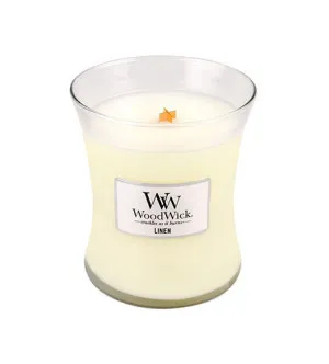 WoodWick Linen dišeča sveča z lesenim stenjem 275 g