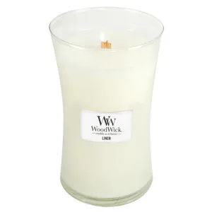 WoodWick Linen dišeča sveča z lesenim stenjem 609,5 g