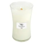 WoodWick Linen dišeča sveča z lesenim stenjem 609,5 g