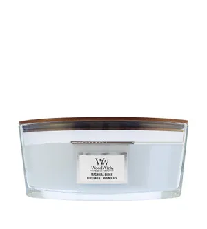 WoodWick Magnolia Birch dišeča sveča z lesenim stenjem 453,6 g