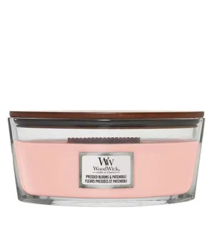 WoodWick Pressed Blooms & Patchouli dišeča sveča z lesenim stenjem 453,6 g