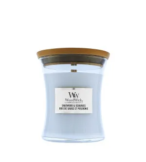 WoodWick Sagewood & Seagrass dišeča sveča z lesenim stenjem 275 g