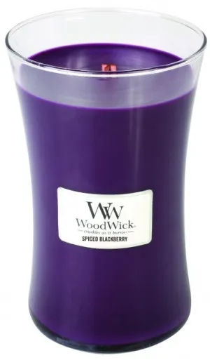 WoodWick Spiced Blackberry dišeča sveča z lesenim stenjem 609,5 g