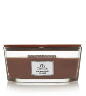 WoodWick Stone Washed Suede dišeča sveča z lesenim stenjem 453,6 g
