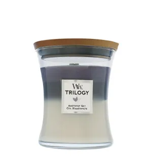 WoodWick Trilogy Amethyst Sky dišeča sveča z lesenim stenjem 275 g