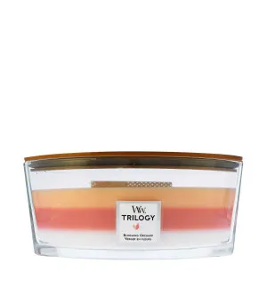 WoodWick Trilogy Blooming Orchard dišeča sveča z lesenim stenjem 453,6 g