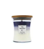 WoodWick Trilogy Evening Luxe dišeča sveča z lesenim stenjem 275 g