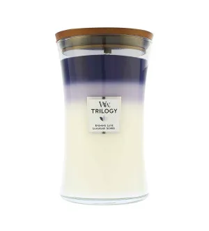 WoodWick Trilogy Evening Luxe dišeča sveča z lesenim stenjem 609 g