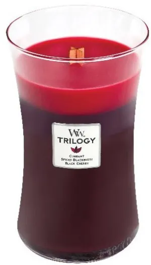 WoodWick Trilogy Sun Ripened Berries dišeča sveča z lesenim stenjem 609,5 g
