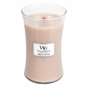 WoodWick Vanilla & Sea Salt dišeča sveča z lesenim stenjem 609,5 g