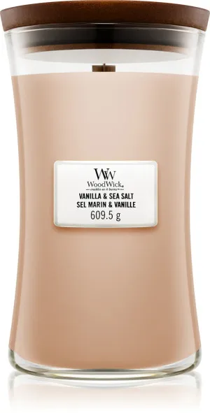 WoodWick Vanilla & Sea Salt dišeča sveča z lesenim stenjem 609,5 g