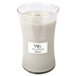 WoodWick Warm Wool dišeča sveča z lesenim stenjem 609,5 g