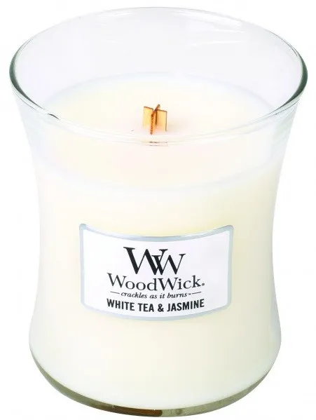 White Tea & Jasmine dišeča sveča z lesenim stenjem 275 g
