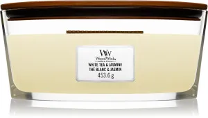 WoodWick White Tea & Jasmine dišeča sveča z lesenim stenjem 453,6 g