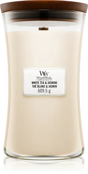 WoodWick White Tea & Jasmine dišeča sveča z lesenim stenjem 609,5 g