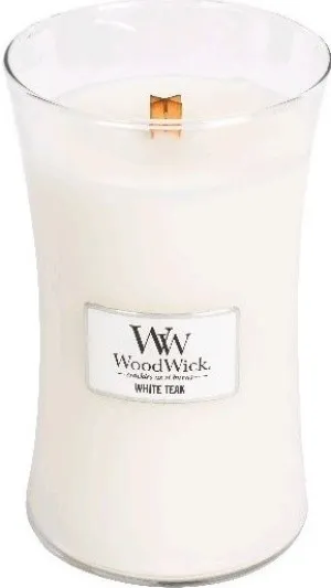 WoodWick White Teak dišeča sveča z lesenim stenjem 609,5 g