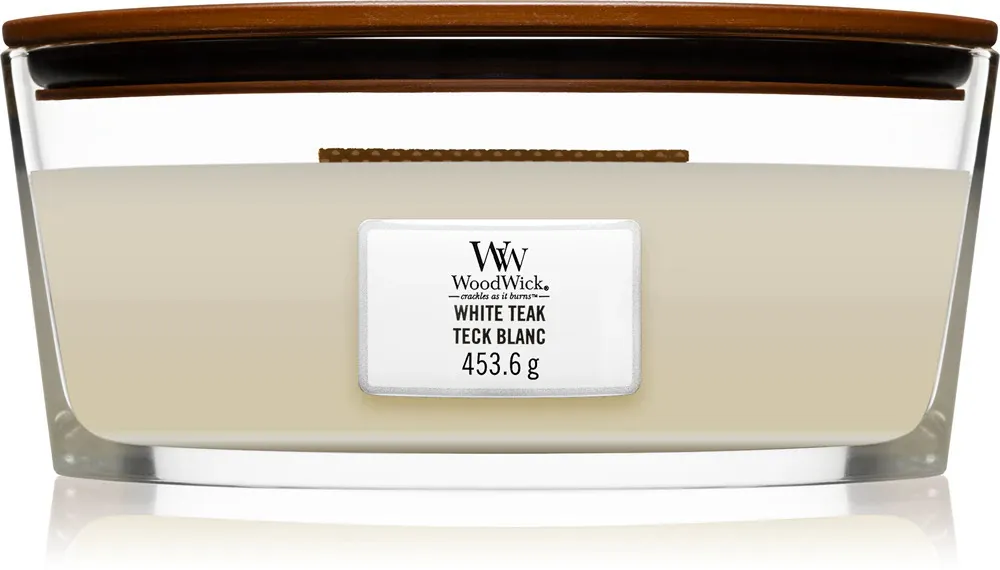 White Teak dišeča sveča z lesenim stenjem 453,6 g