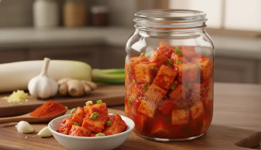 # Recept na fermentirane redkvice po korejsko

## Sestavine

- 500 g redkvic (rdeče ali bele)
- 2 žl