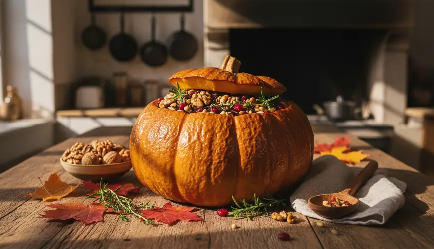 Poskusite pečeno bučo, polnjeno z rižem in orehi